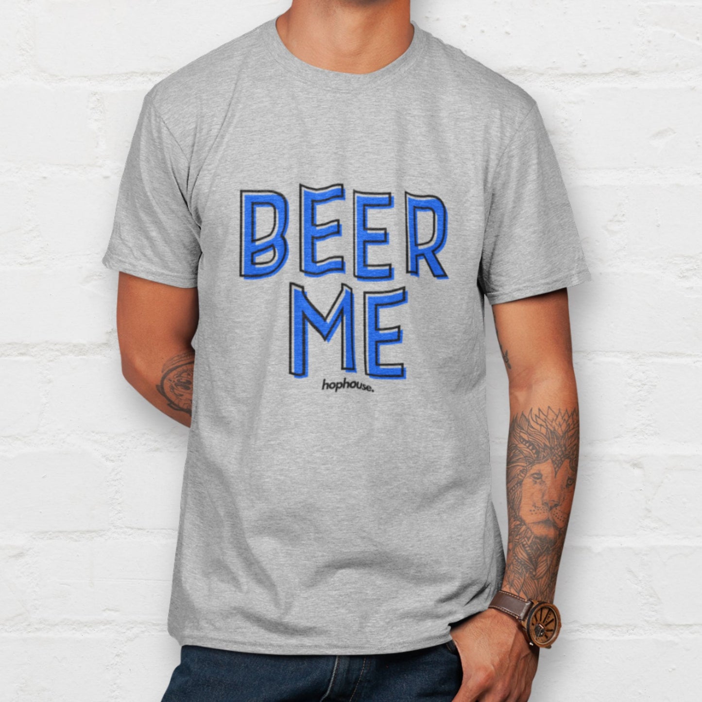 Man wearing a Beer Me grey shirt