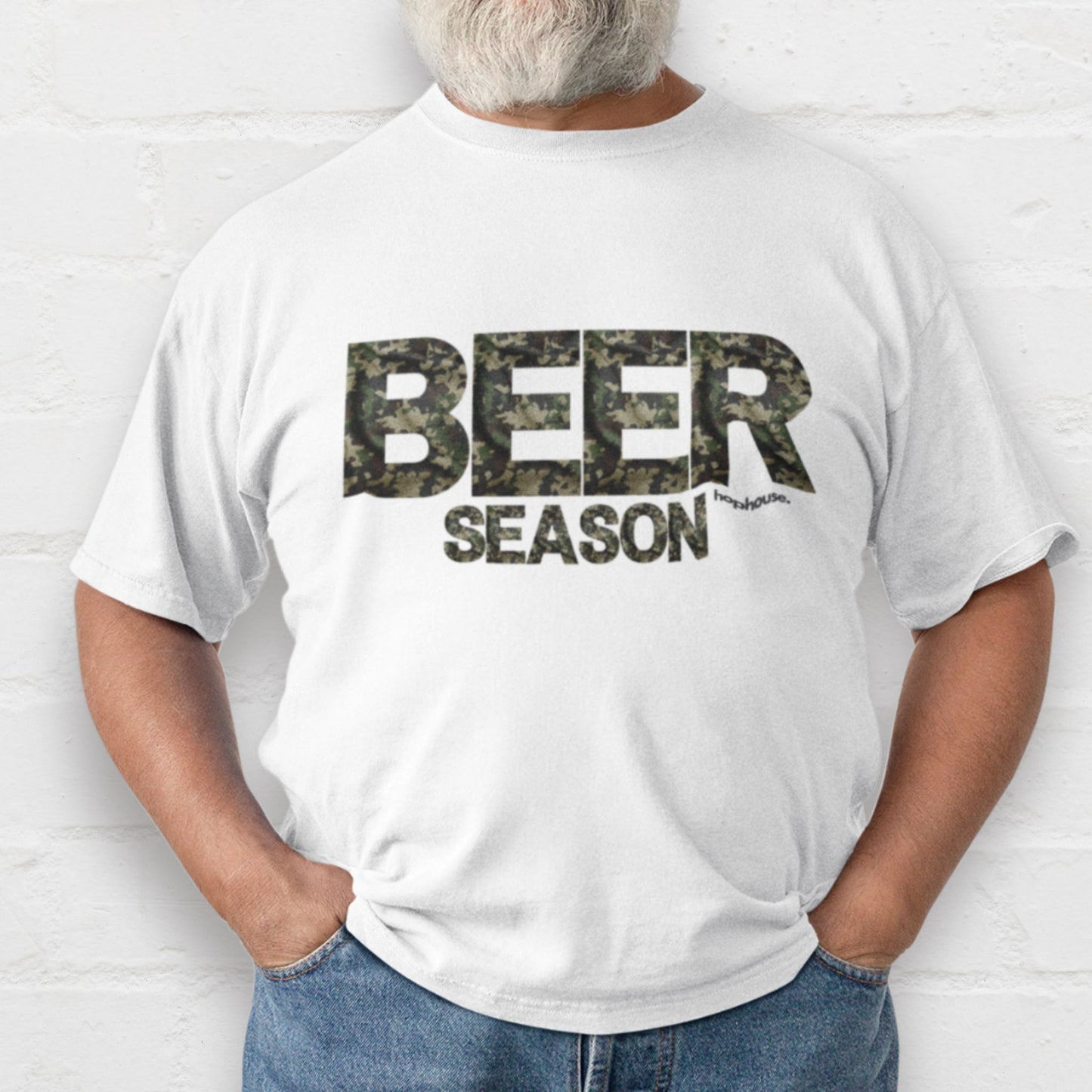 Man wearing a Beer Season white shirt