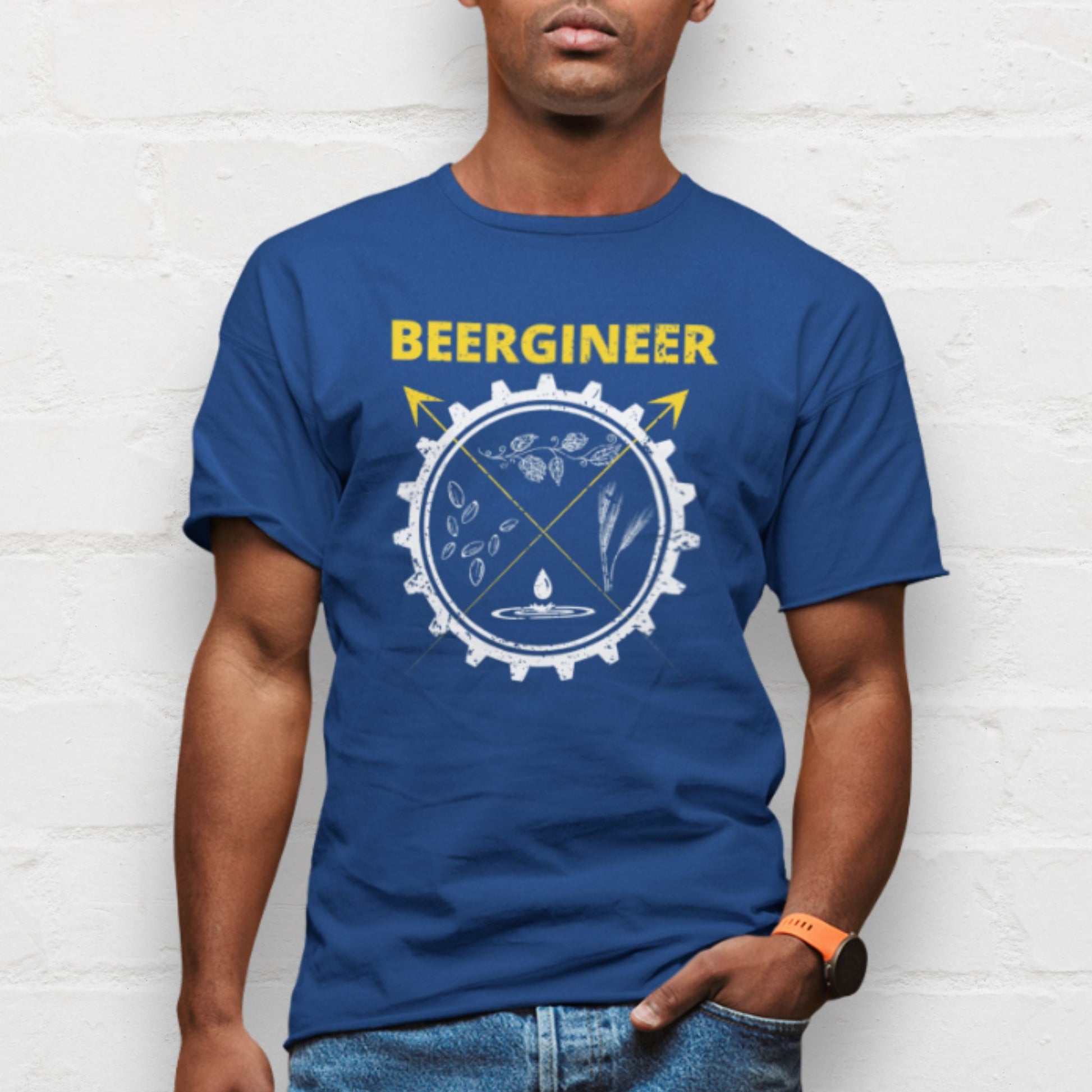 Man wearing a Beergineer navy beer shirt