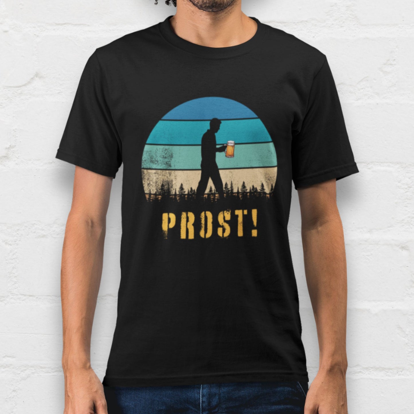 Man wearing a Prost black beer shirt