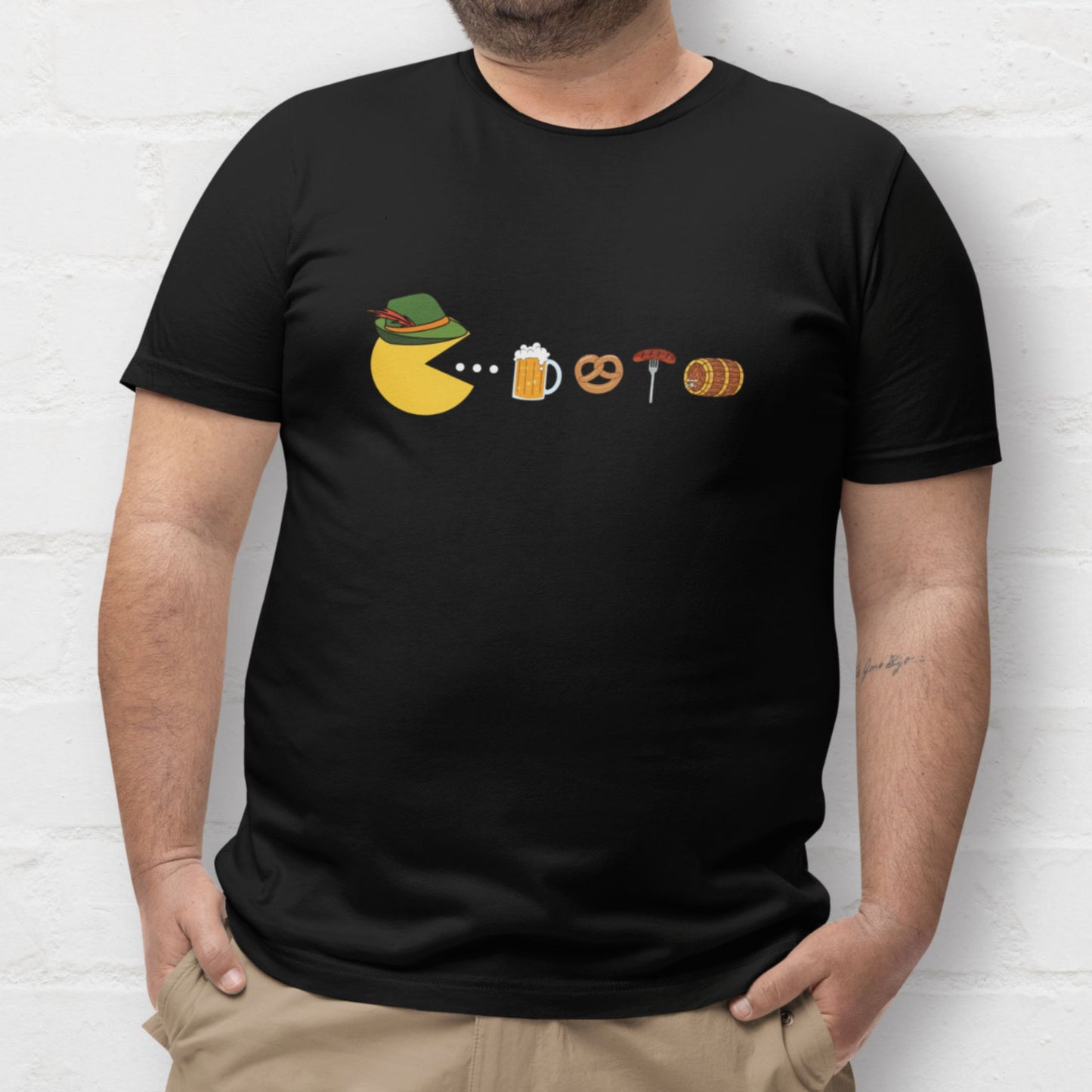 Man wearing a black Bavarian Pacman shirt