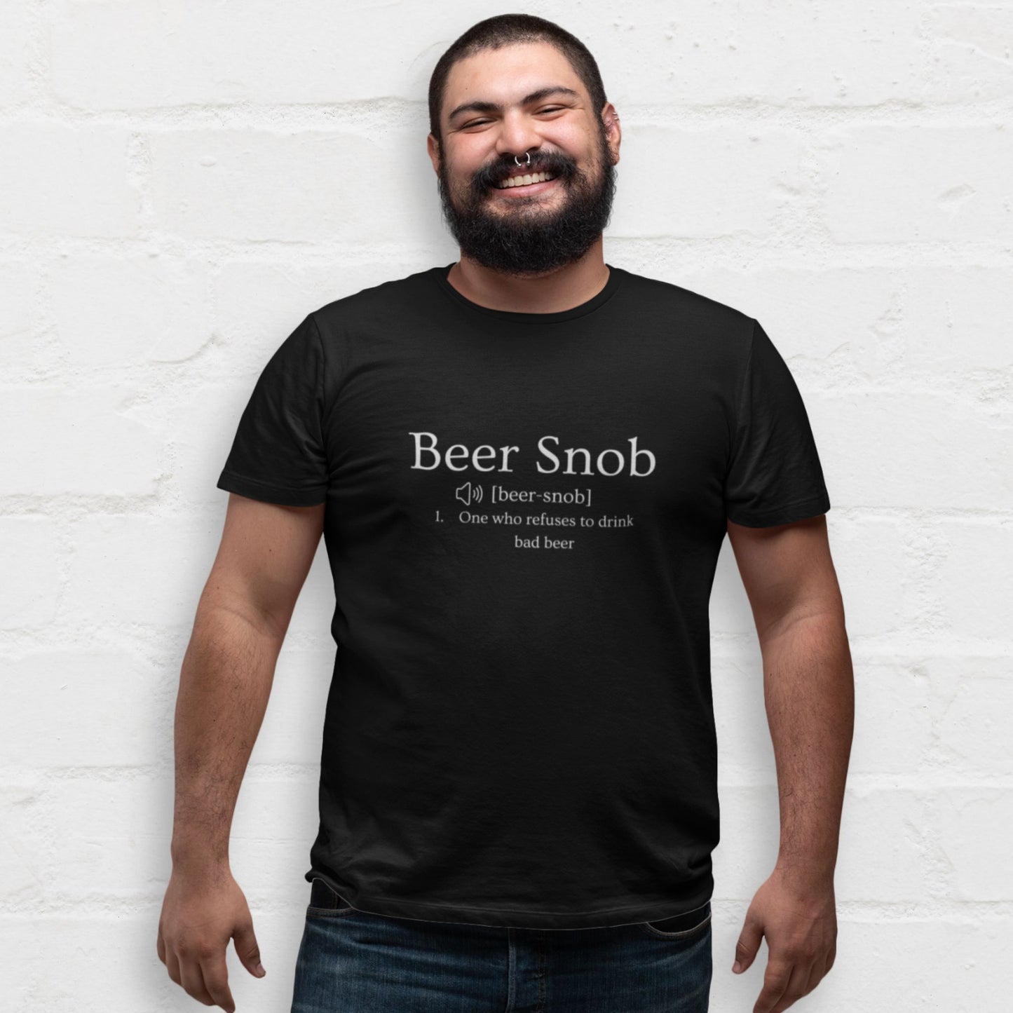 Man wearing a black Beer Snob shirt