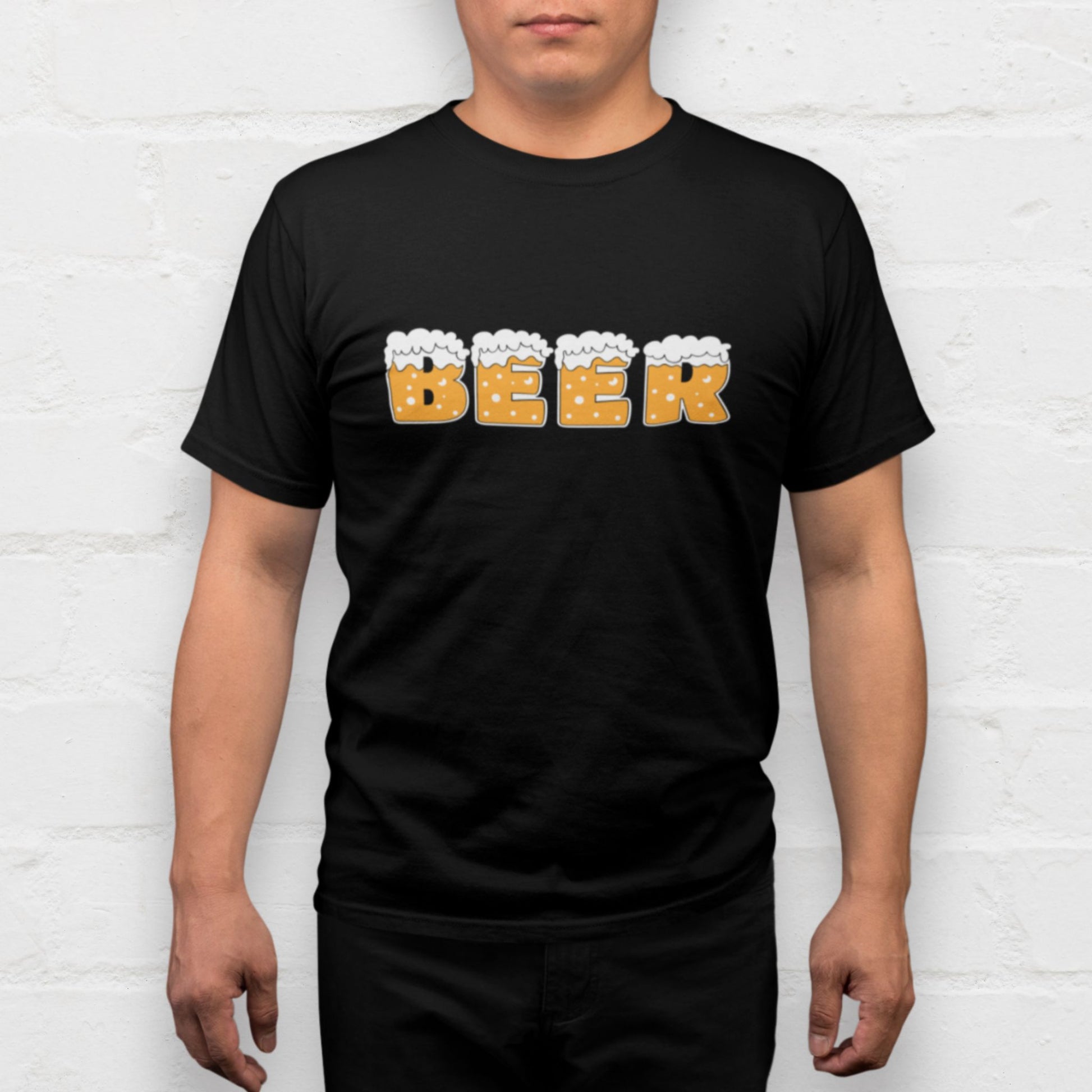 Man wearing a black graphic beer shirt