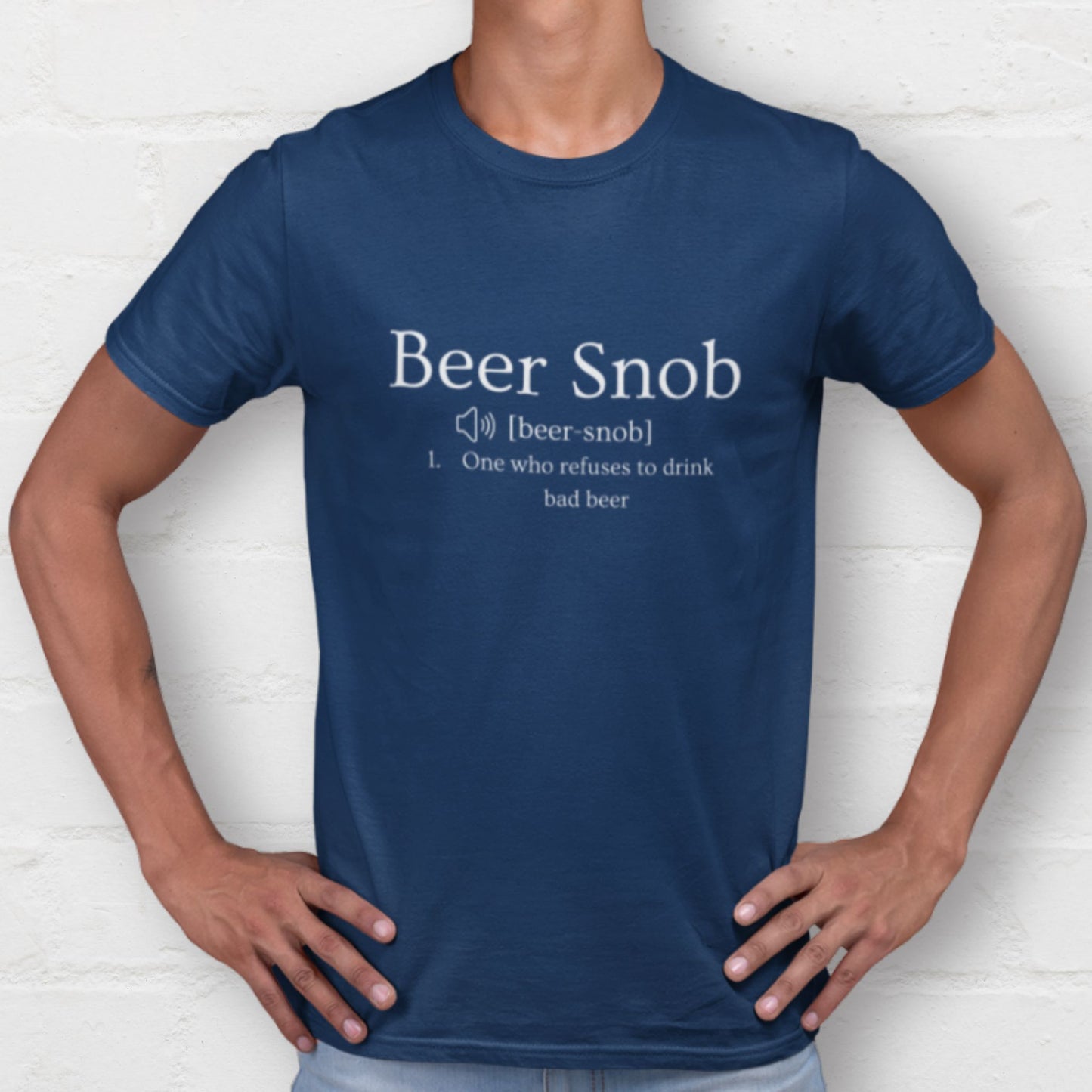 Man wearing a navy Beer Snob shirt