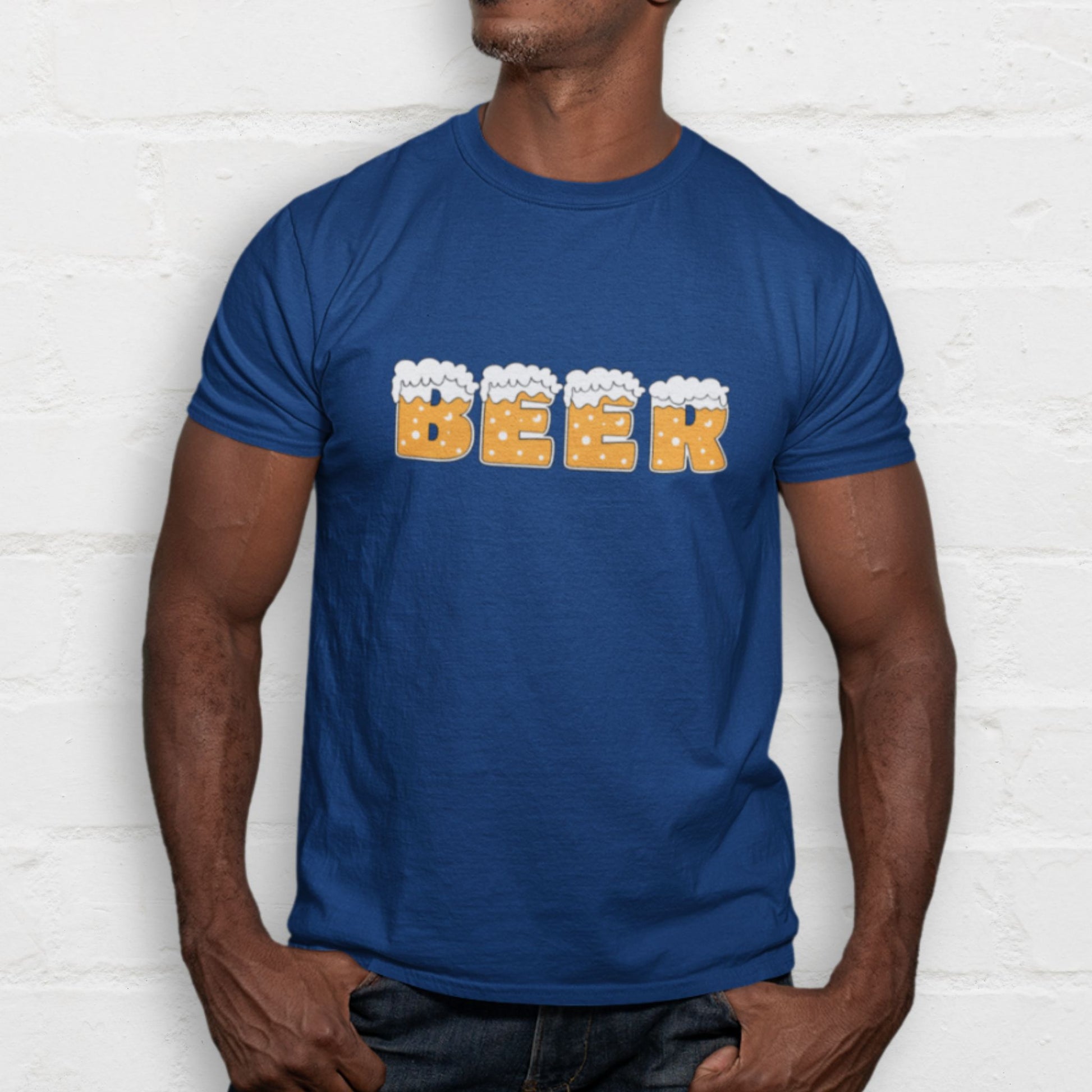 Man wearing a navy graphic beer shirt