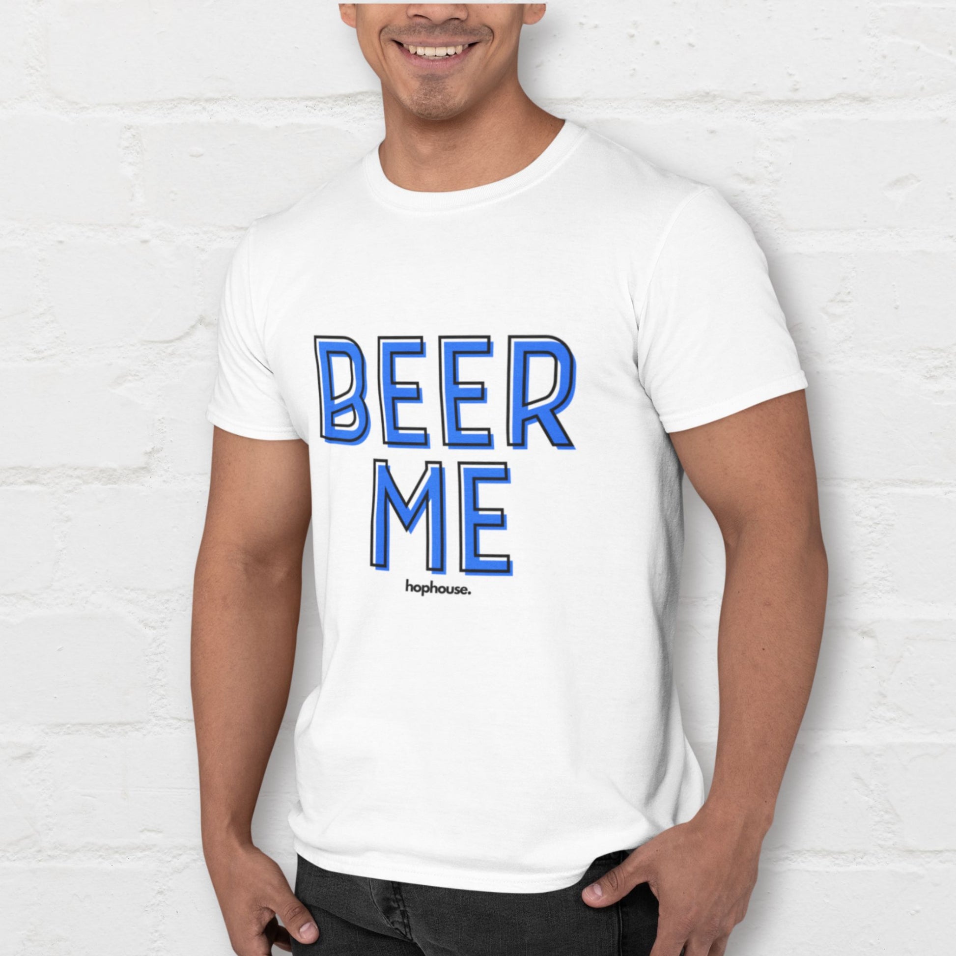 Man wearing a white Beer Me shirt