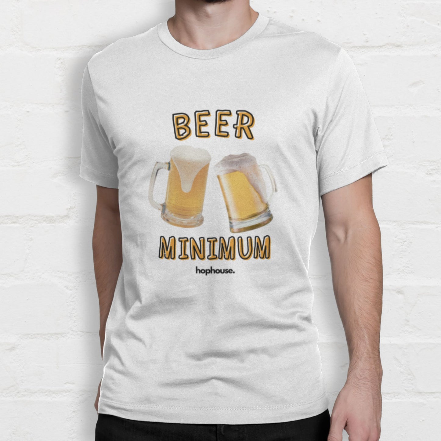 Man wearing a white Beer Minimum shirt