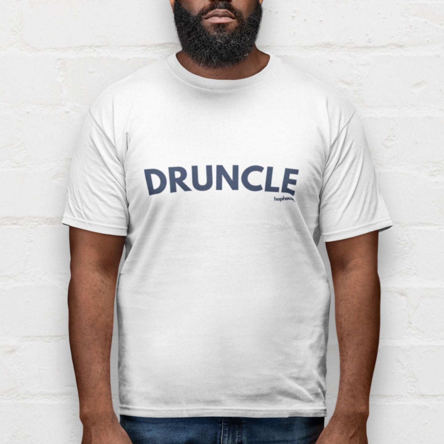 Man wearing a white Druncle beer shirt