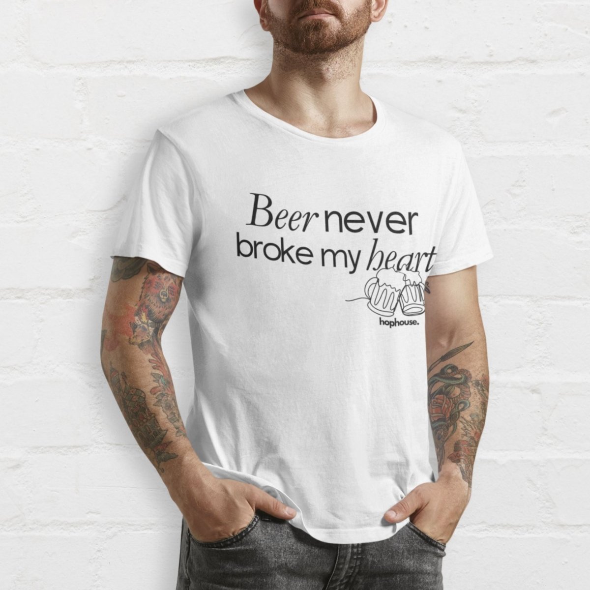 Beer Never Broke My Heart Minimalistic Line Art - T-Shirt - White or Ash - HOP House - T-shirt