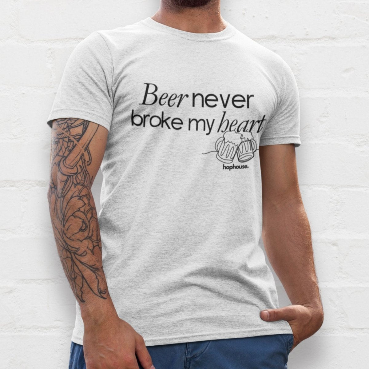 Beer Never Broke My Heart Minimalistic Line Art - T-Shirt - White or Ash - HOP House - T-shirt